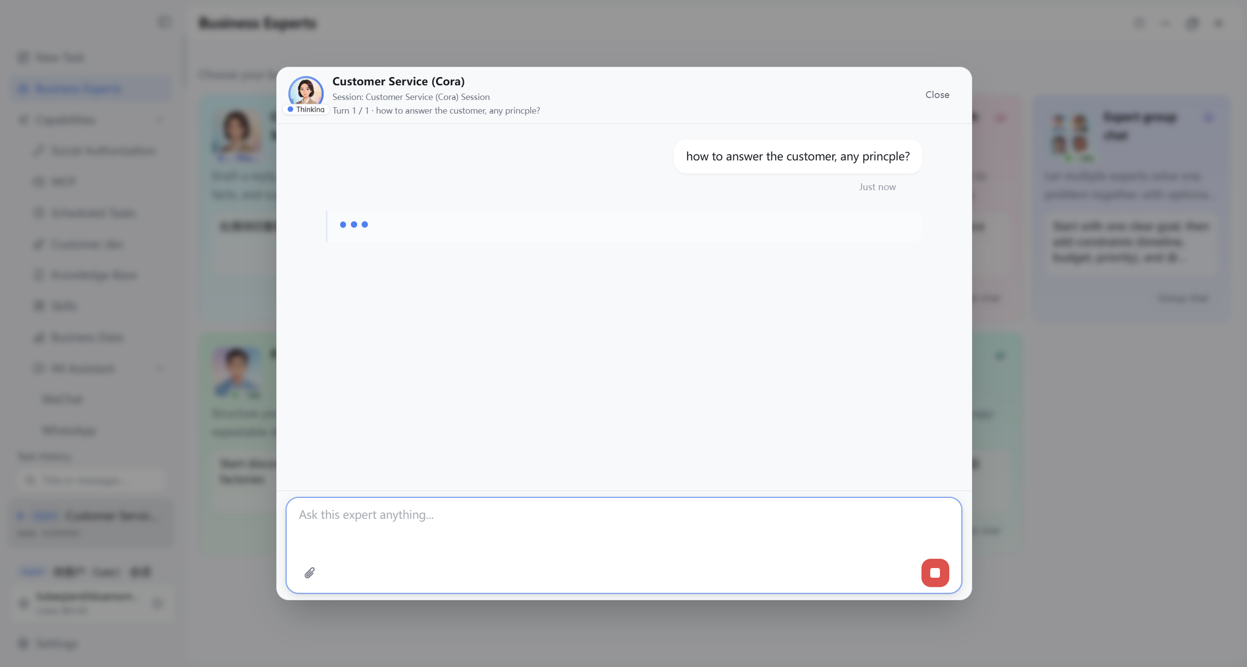 Business Experts solo chat dialog