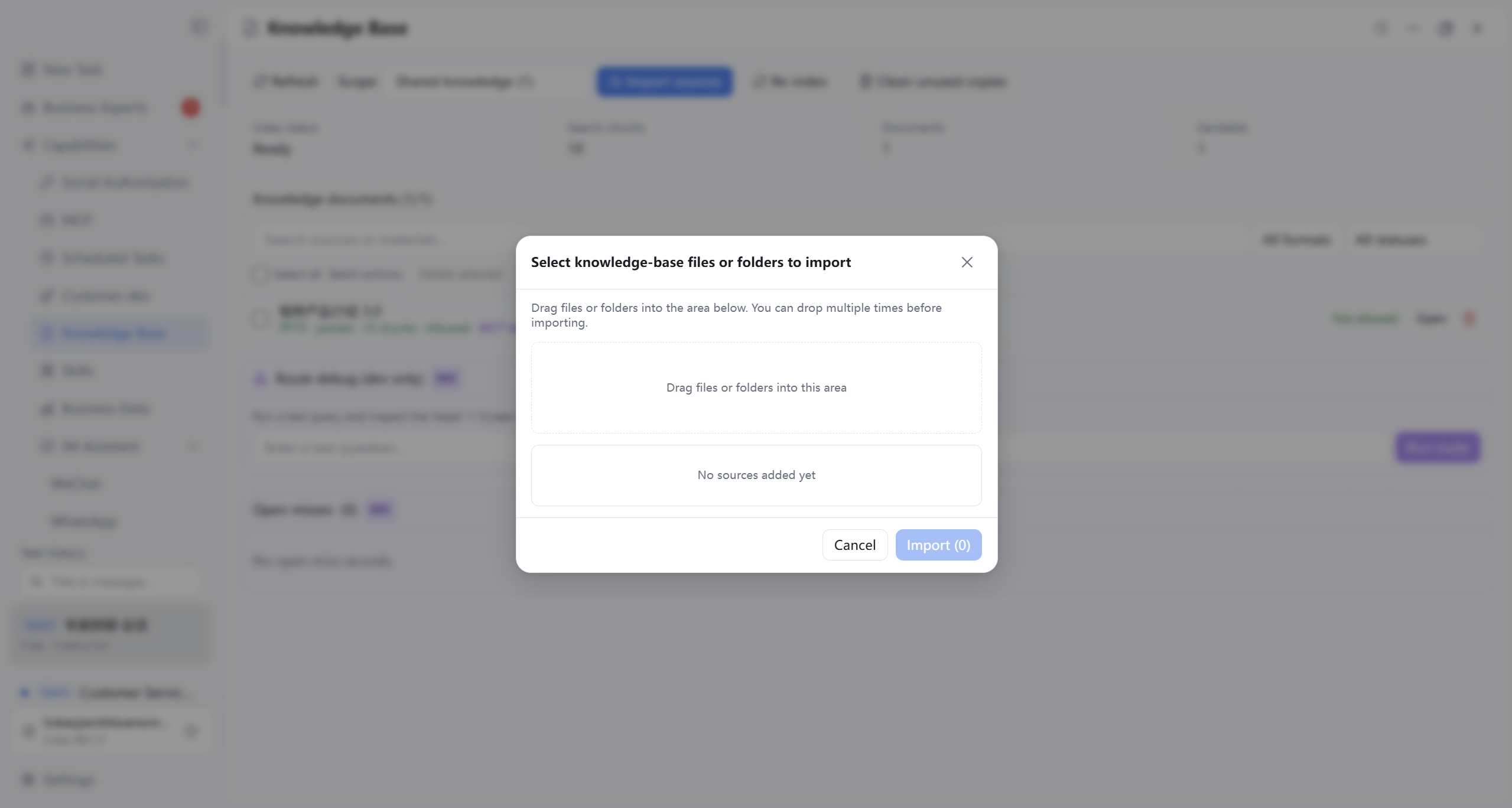 Knowledge Base import materials dialog