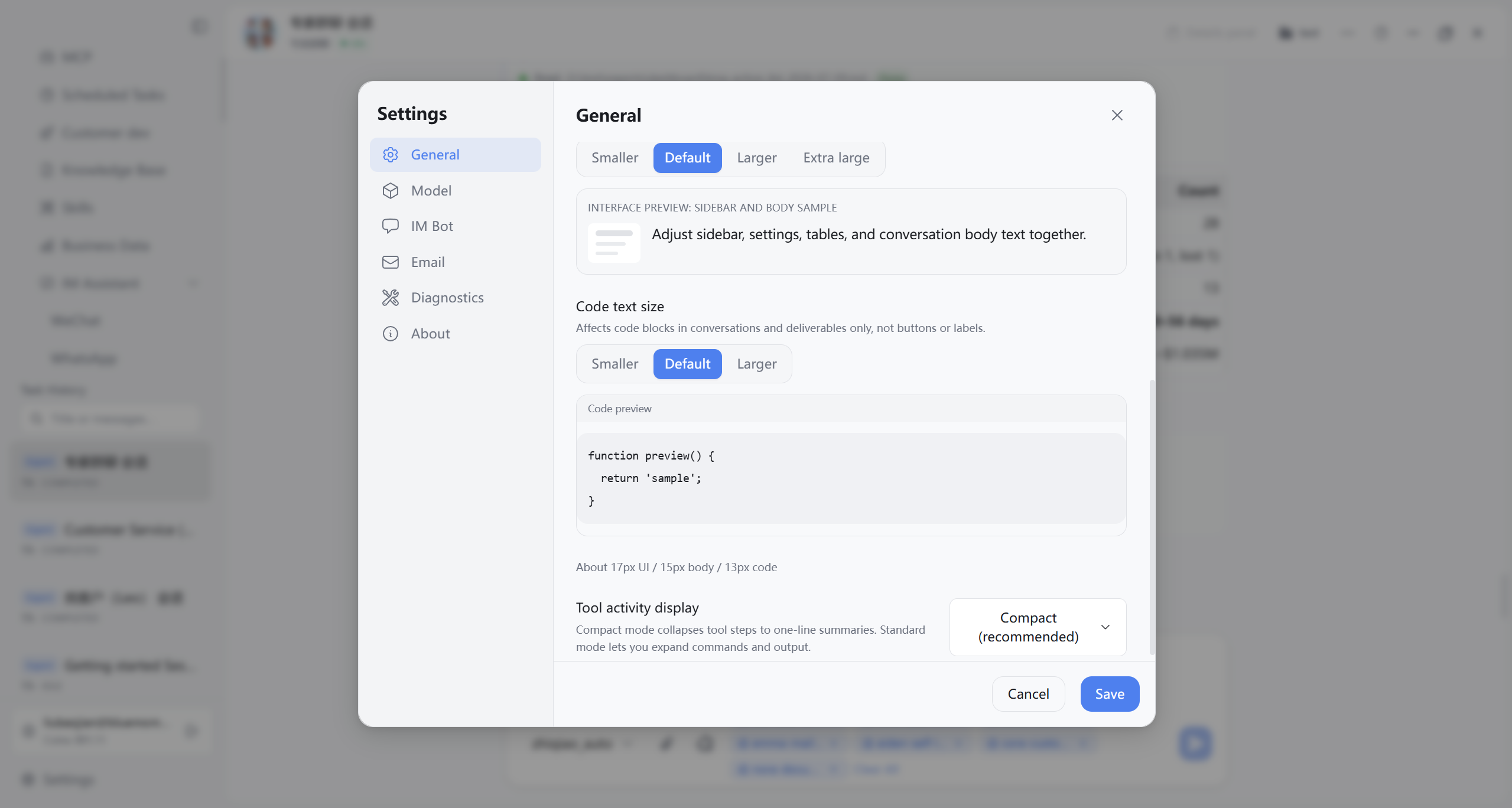 General settings: code font size and tool process display