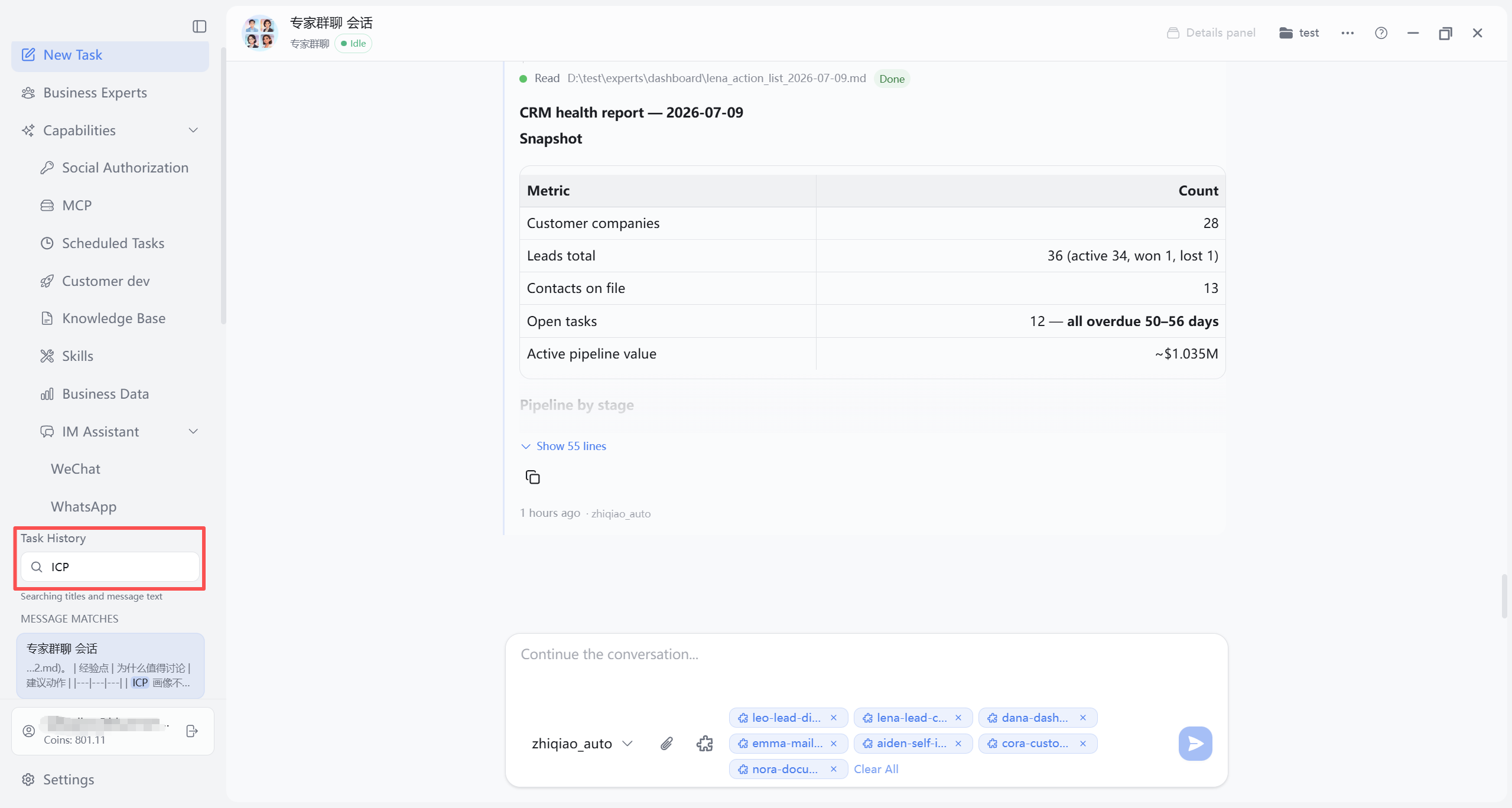Sidebar Task History: search tasks