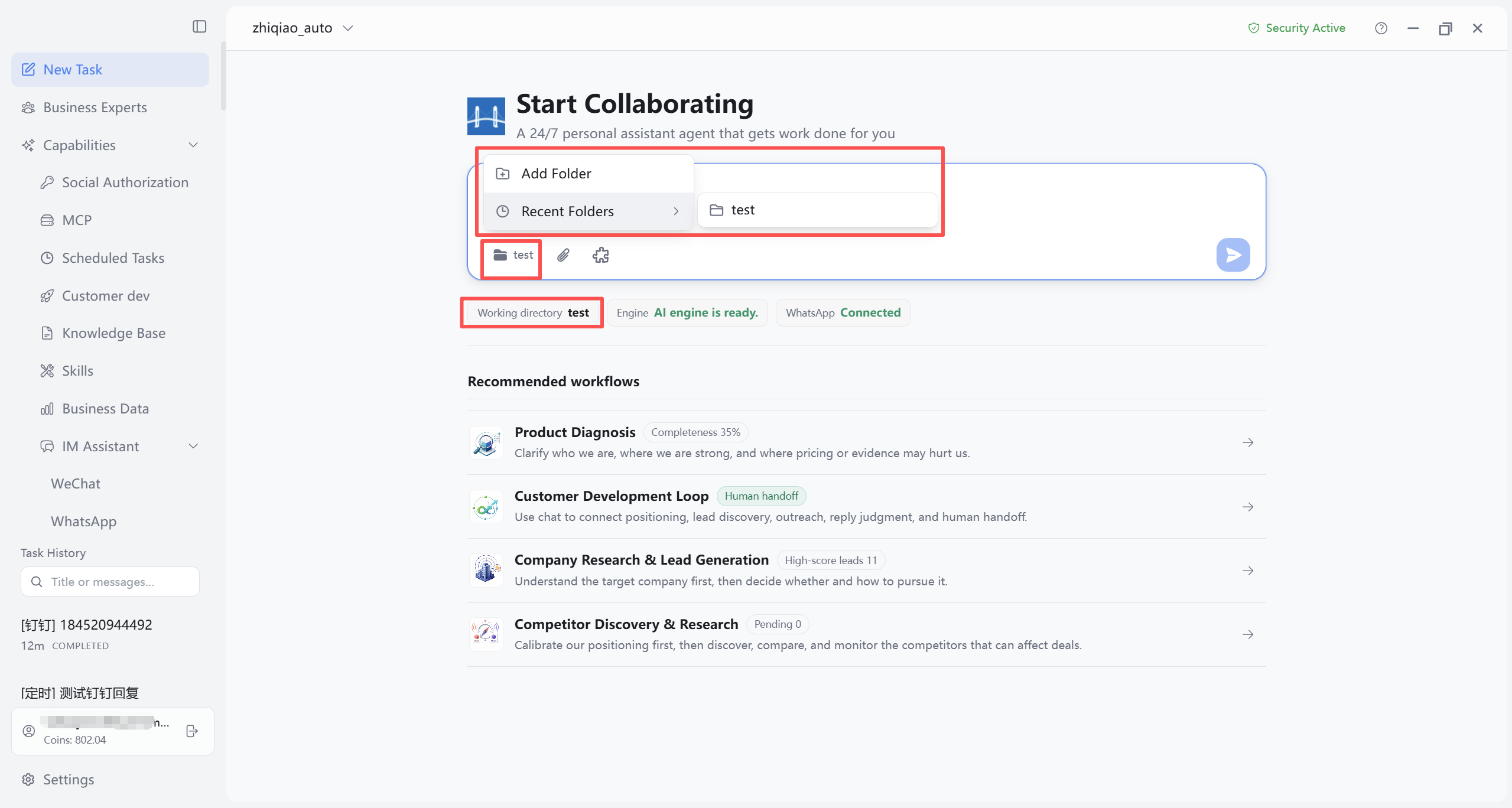 Choose working directory on Tasks page