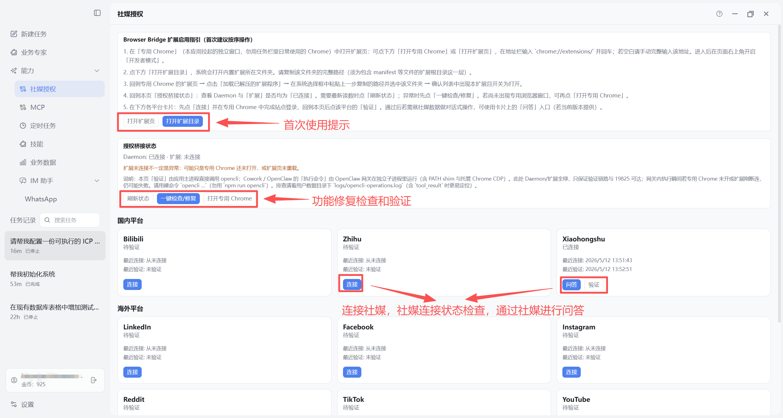 社媒授权页总览（含桥接区与平台卡片）